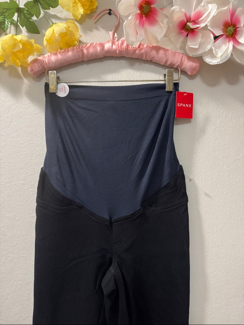 SPANX Black Leggings with Dark Navy Waist Panel - Picture 2 of 6